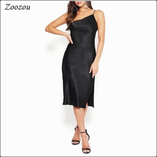 Women Elegant Satin Party Dresses Evening Sleeveless Spaghetti Strap Silky Dresses Midi Backless Sexy Knee Length Dress Custom