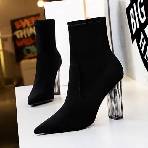 BIGTREE New Ankle Boots Autumn Suede Pointed Toe Stretch Knitting Sock Boots Plus Size High Heels Female Slip On Lady Shoes