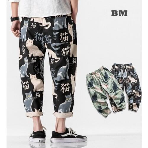 Chinese Style Fashion Text "Cat" Print Straight Casual Pants Men Clothing Retro Plus Size Harem Pants Hip Hop Cargo Trousers