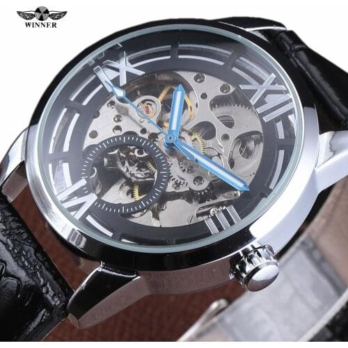 Fashion Top Brand Winner Watch Retro Business Mechanical Men Skeleton Watch Leather Band Hollow Automatic Self Wind Wristwatch