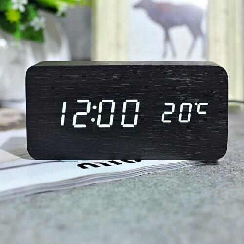 Mordern Wooden LED Alarm Clock Display Date+Time+Celsius/Fahrenheit Temperature Sound Control Function Table Desktop Clocks