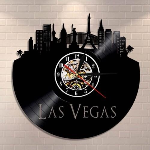 Las Vegas Cityscape Home Decor City Of Gambling Las Vegas Skyline Wall Clock Nevada Architecture Vintage Vinyl Record Wall Clock