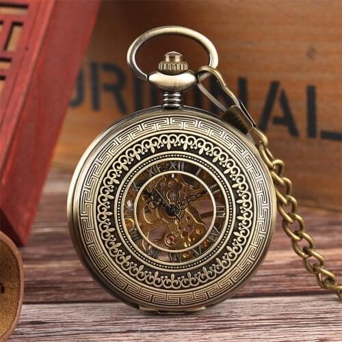 Bronze Hollow Flower Pattern Mechanical Hand Winding Pocket Watch Male Antique Pendant Manual Mechanism Timepiece Pocket Clock