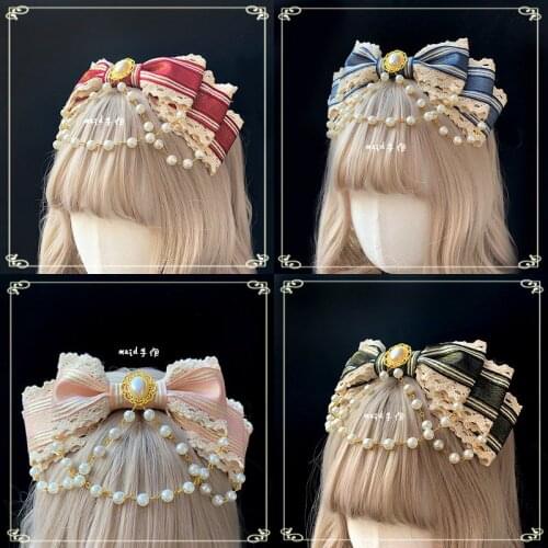Sweet Handmade Headwear Hairband KC Pearl Chain Lolita Bows Elegant Red Black Blue Pink Original Design