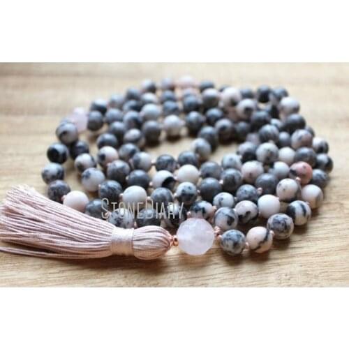 MN36763 Zebra Jasper 108 Rose Quartz Mala Necklace Knotted Tassel Necklace Yoga Jewelry Meditation Beads Spiritual Boho
