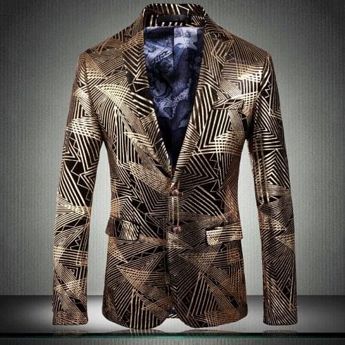 2021 Party Mens Blazer High Quality Gold Stripe Printed Single Breasted Prom Blazers Men Plus Size 5xl Wedding Male Blazer