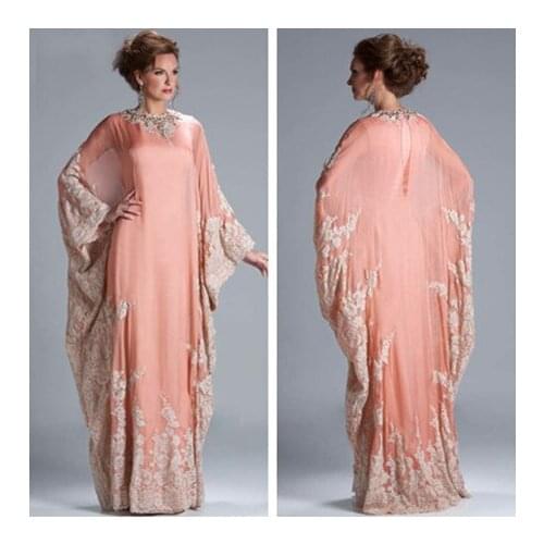 Custom Made Hot Sale Floor Length Chiffon Coral Lace Appliqued Dubai Kaftan Evening Dresses with Long Sleeve JQ3309