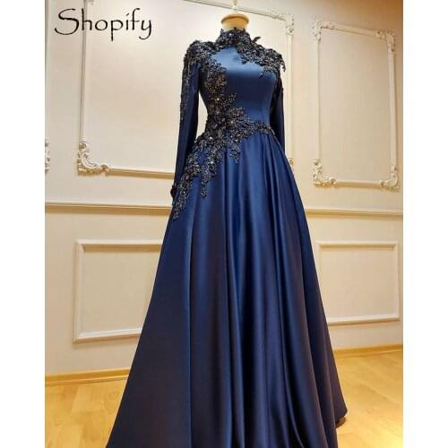 Real Long Evening Dresses 2021 Elegant High Neck Long Sleeve Luxury Beads Navy Blue Satin Muslim African Women Formal Gowns