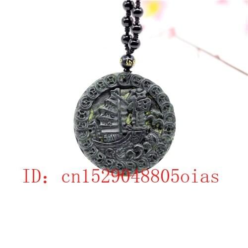 Natural Black Green Jade Obsidian Sailboat Pendant Beads Necklace Fine Jewelry Carved Amulet Fashion Charm Gifts for Women