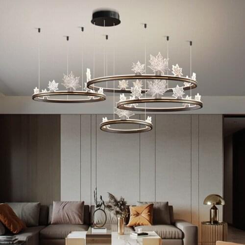 Nordic Living Room Circle Ring Dimmable Led Pendant Lamp Gold / Black Metal Pendant Lamp Suspens Light Foyer Acrylic Maple Lamp