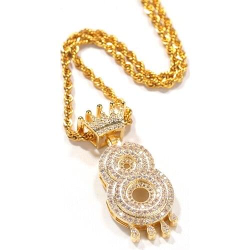 Iced Out Diamond Number Pendant Necklace with Crown Silver Gold Cubic Zircon Jewelry Men Women Hip Hop Stainless Steel Necklaces