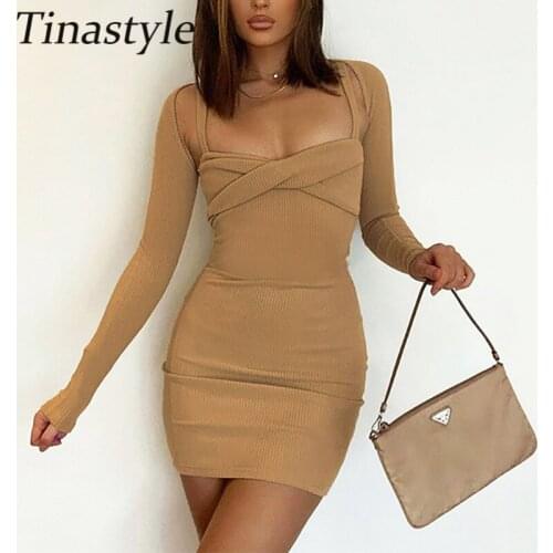 Tinastyle New Autumn Long Sleeve Sexy Dress Women Wrap Strapless Bodycon Party Mini Dress Casual Ribbed Knitted Clubwear Outfits