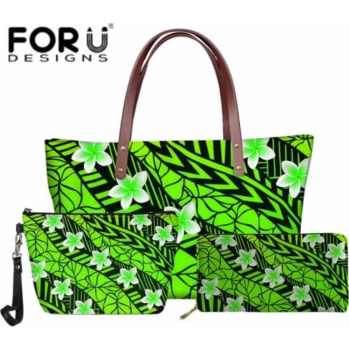 Luxury Handbags for Women Polynesian Tribal Plumeria Design Beach Zipper Tote Bag Set with Purse Make Up Bags Bolsa Feminina