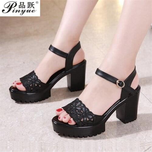 Block Heel Platform Sandals Women Wedding Shoes Summer Red Floral Cut High Heels Sandals Ladies Office Size 32-43