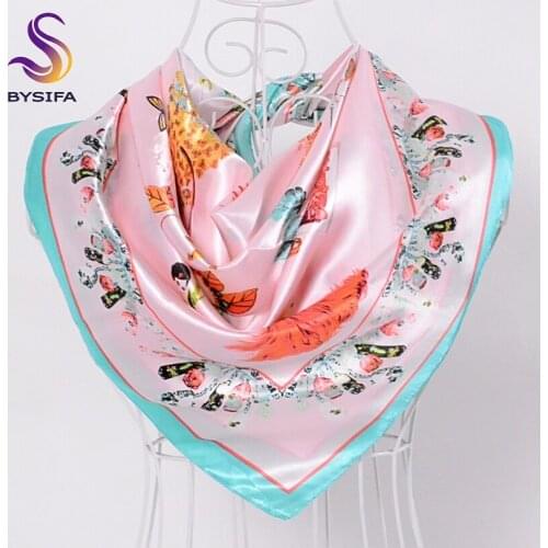 [BYSIFA] Winter French Silk Scarves Hijab Neck Scarves 90*90cm Floral Character Pink Blue Women Satin Large Square Scarves Shawl