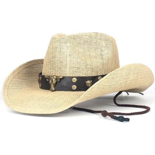 New Women Men Straw Summer Western Cowboy Hat With Punk Brand Sombrero Hombre Beach Cowgirl Jazz Sun Hat Panama Size 56-58CM