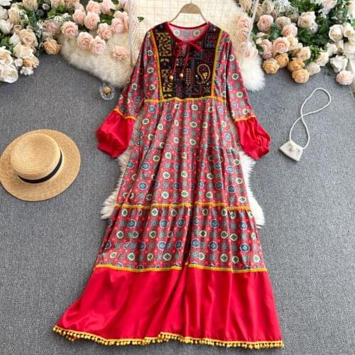 2021New Retro National Style Printing Color Matching Style Bubble Sleeve FairyLook thin, literary and retro Dress
