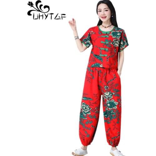 UHYTGF Summer two-piece set women fashion ethnic styleretro cotton linen elegant women sets casual bloomers plus size suits 1132