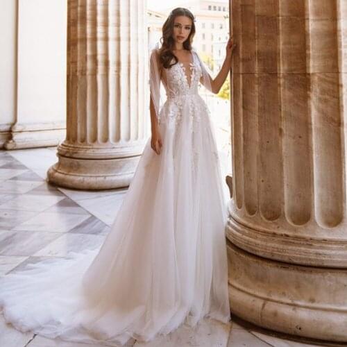 Vintage Lace Bridal Gown Abito da Sposa Deep V-neck A Line Appliques Bowknot Tulle Beach Boho Wedding Dress 2021