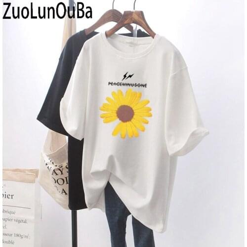 ZuoLunOuBa Summer Casual Women White T Shirt Yellow Chrysanthemum Print Harajuku Short Sleeve Mid Length Loose Tees Tops