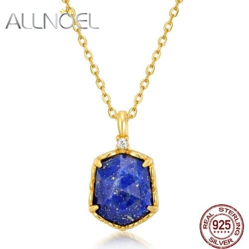 ALLNOEL Solid 925 Sterling Sliver Pendant For Women Lapis Lazuli With White Zircon Real Gold Plated Necklace Fine Jewelry New