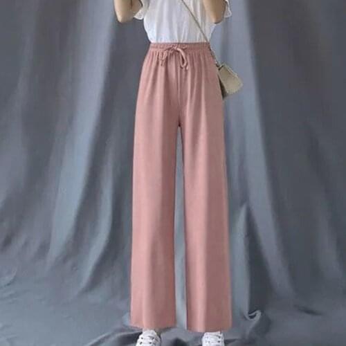 Women Casual Comfy Stretchy Soft Knit High Waist Wide Leg Pant Lace Up Ladies Ankle-Length Trousers Fashion Floor Pants