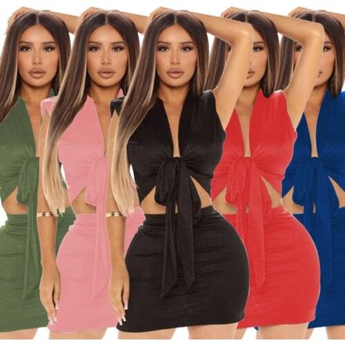2021 New Arrival Famous Brand 2 pcs Women Set Solid Bandage O-neck Short Tops Mini Dress Summer Elegant Outfits
