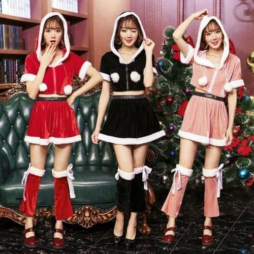 Women Santa Claus Top Skirt Footstraps 2PCS Set Carnival Deguisement Black Pink Red 3 Colors Sexy Halloween Christmas Costumes