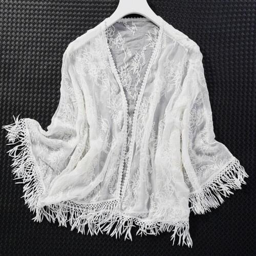 Womens 100% Mulberry Silk White Embroidery tassels Thin type Coat Top Cardigan half Sleeve Blouse Summer Beach Cover Up M141