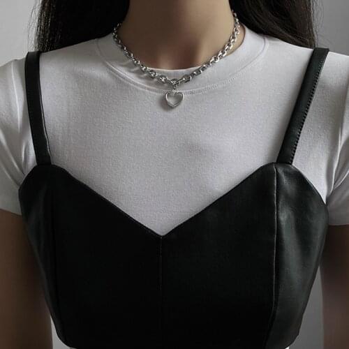 Punk Thick Lock Chain Heart Shape Pendant Short Choker Necklace For Women Retro INS Silver Color Metal Necklace Jewelry