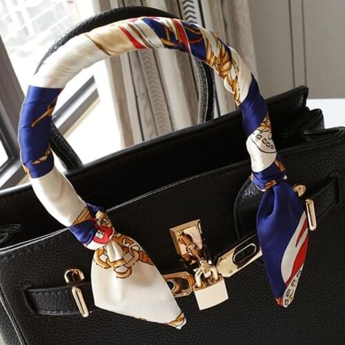 2021 Small Silk Feeling Scarf for Women New Print Handle Bag Ribbons Brand Fashion Head Scarf Women Head Scarf Satin Wholesale