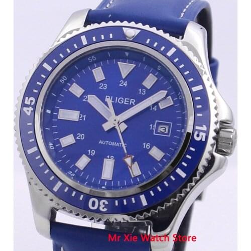 Bliger 44mm Automatic Mechanical Watch Men Luxury Brand Business Luminous Waterproof Clock Leather Strap Calendar Wristwatch Men