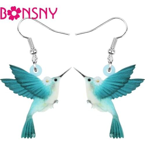 Bonsny Acrylic Blue Hummingbird Earrings Lovely Bird Animal Dangle Drop Jewellery For Women Girls Kids Fashion Gift Accessories