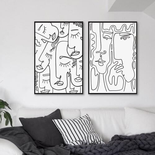 Face Fine Line Drawing Print Black and White Boho Wall Art Canvas Painting Modern Minimalist Poster Wall Picture Home Room Decor