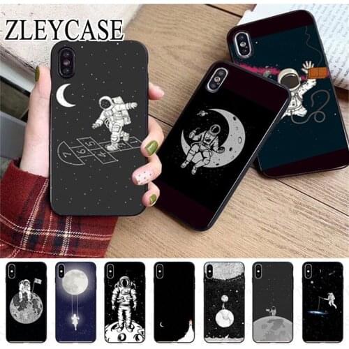 Black with White Moon Stars Space Astronaut Phone Case For iphone x xs xr xsmax 11 12pro max 5s SE 2020 6splus 7 8plus cover