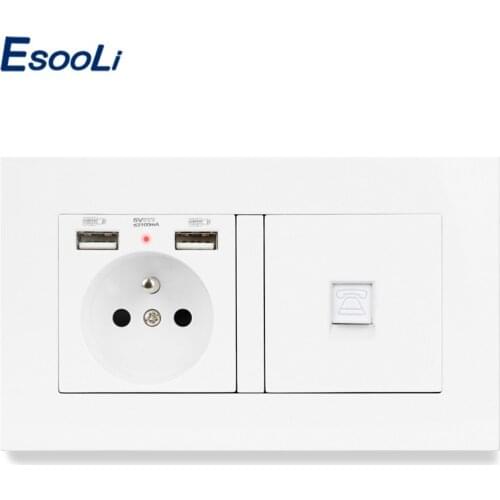 ESOOLI French Standard Socket with 2 USB +1 Gang RJ11 2 Core Telephone Connector Connector PC Plastic Panel