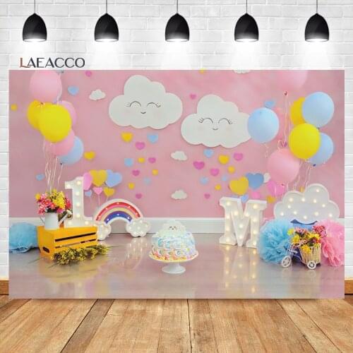 Laeacco Birthday Party Photo Background Balloons Cartoon Cloud Cake Stars Flower Baby Portrait Customized Photography Backdrops