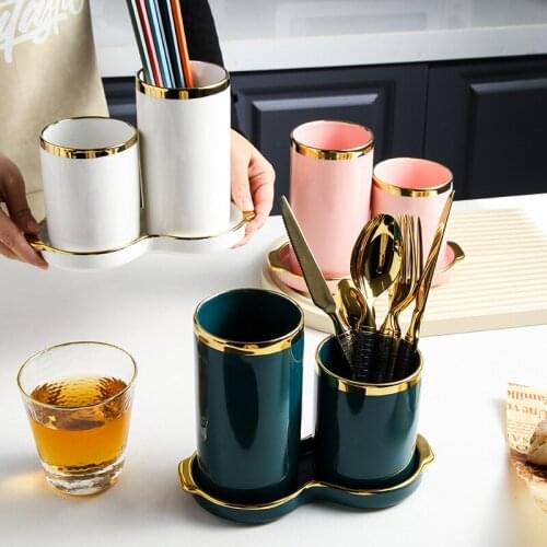 European-style Ceramic Chopstick Holder Household Kitchen Double Drain Chopstick Cage Kitchen Tableware Cutlery Storage Tool