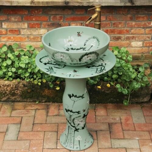 Ceramic Art Pedestal Basin Washbasin Small Bathroom Pedestal Type Integrated Basin green Peony pattern