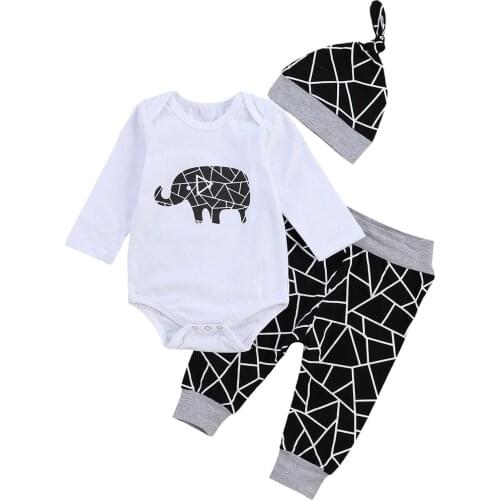 3Pcs Toddler Autumn Outfit O-Neck Long-Sleeves Rompers Top with Elephant Printing + Long Pants + Hat Suit for Baby boys, Girls