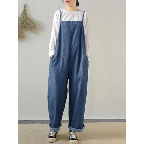Women Loose Strappy Suspenders Oversized Denim Jumpsuit Playsuit Lady Wear Both Sides Buttons Rompers Labour Suit Overalls New