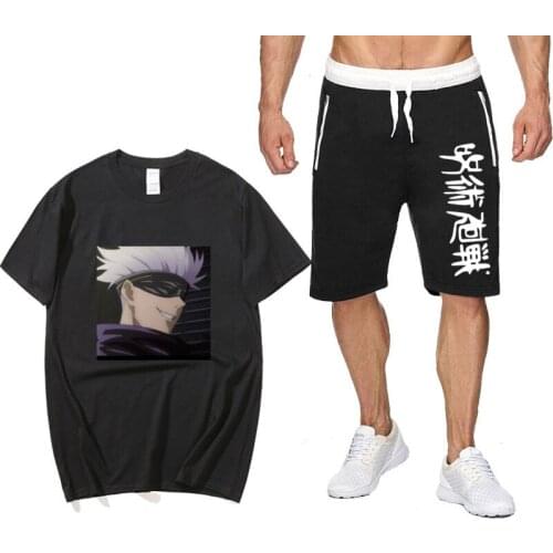 Summer Anime mens sets Jujutsu Kaisen Streetwear T-shirt + Sports cotton short sleeved shorts pantsuit T Shirts Sets Sweatpants