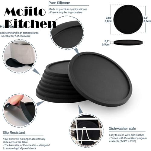 Silicone Black Drink Coasters Set of 8 Non-slip Round Soft Cup Coasters, Perfect for Bar and House, Durable Easy to Clean