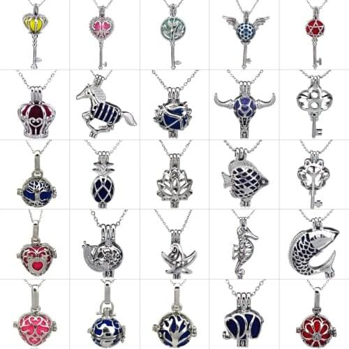 Multiple Styles Silver color Horse Crown Pearl Bead Cages Pendant Necklace Perfume Essential Oil Diffuser Locket Necklace