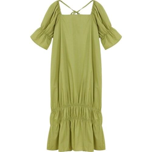 PERHAPS U Women Green Solid Puff Short Sleeve Loose Knee Length Summer Elegant Dress D1344