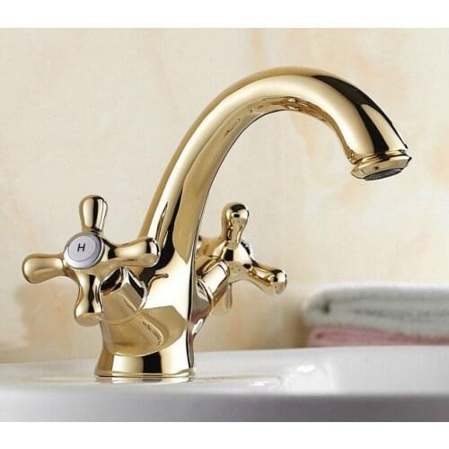 Polished Gold Color Brass Single Hole Deck Mounted Double Handles Bathroom Vessel Basin Sink Faucet Mixer Water Taps mnf172