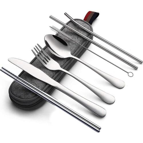 Portable Travel Cutlery Set Stainless Steel Fork Spoon Knife Straw Set Reusable Taleware Utensils With Cake Camp Kitchen Utensil