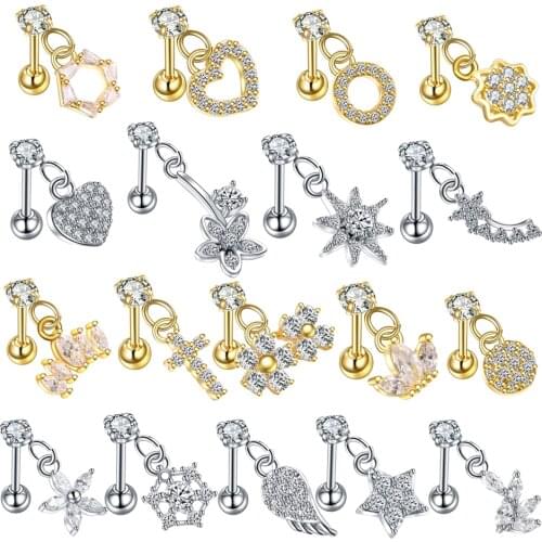 1PC Dangle Ear Tragus Crown Flower Heart Star CZ Ear Tragus Barbell Piercings Conch Helix Orelha Ear Cartilage Stud Sexy Jewelry