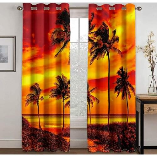 Home Furnishing Grommet curtains Living Room Bedroom Decoration Black Silk Cloth Curtains Evening Sunset Pattern Printing