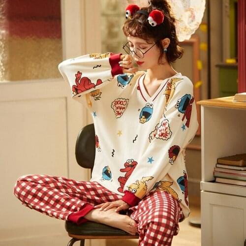 Spring And Autumn Pajamas Womens Cartoon V-neck Thin Long Sleeve Cotton Grid Pants Sleepwear Set